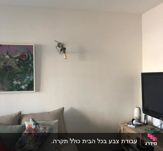 ציור מופשט עם צבעים ירוקים וסגולים במסגרת לבנה